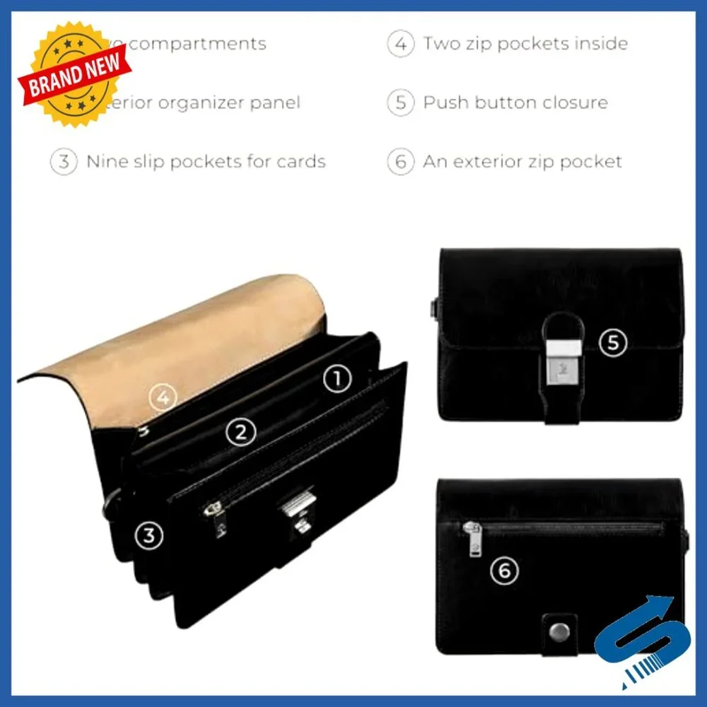 Italian Leather Briefcase Clutch with Wrist Strap, Multi-Pocket Organizer